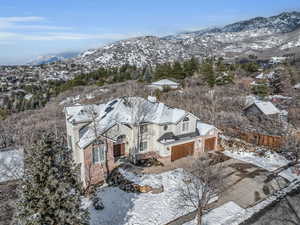 Snowy aerial view featuring a mountain view