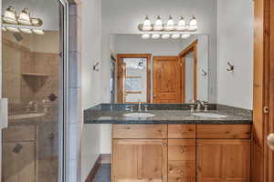 Full bathroom with a sink, a shower stall, and double vanity