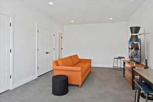 Sitting room with carpet, a textured ceiling, and recessed lighting