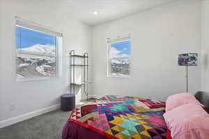 Carpeted bedroom with multiple windows, baseboards, and recessed lighting