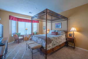 Primary Bedroom featuring bay window, a textured ceiling, carpet, visible vents, and baseboards