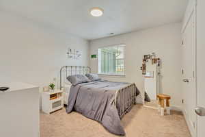 Bedroom featuring baseboards, visible vents, and light colored carpet