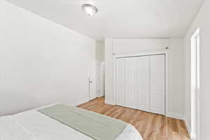 Primary bedroom with floor to ceiling windows, and light wood finished floors.