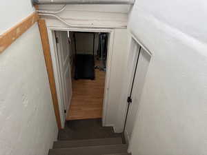 Stairs featuring wood finished floors