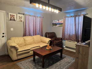 Living room with dark wood finished floors and a textured ceiling