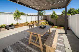 View of patio featuring outdoor dining area and a fenced backyard