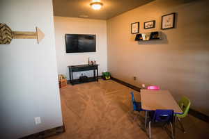 Game room with carpet floors and baseboards