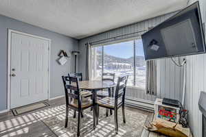 Dining area featuring a textured ceiling, baseboard heating, wood finished floors, and baseboards