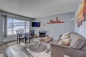 Living room with a baseboard heating unit, a textured ceiling, and wood finished floors