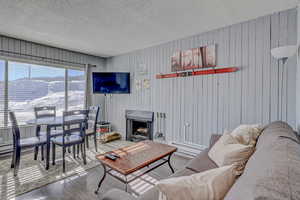 Living room featuring a textured ceiling and wood finished floors