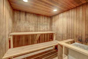 View of sauna / steam room with recessed lighting