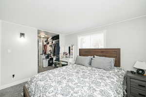 Bedroom featuring ornamental molding, a closet, light carpet, and baseboards