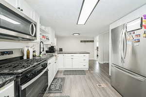 Kitchen with light wood finished floors, visible vents, stainless steel appliances, white cabinetry, and a sink