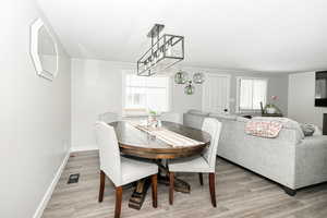 Dining area featuring baseboards, visible vents, and wood finished floors