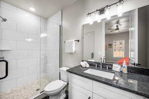 Full bath featuring toilet, a stall shower, ceiling fan, and vanity