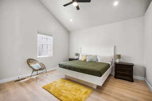 Bedroom featuring baseboards, ceiling fan, light wood-type flooring, high vaulted ceiling, and recessed lighting