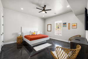 Bedroom with concrete flooring, recessed lighting, visible vents, and baseboards