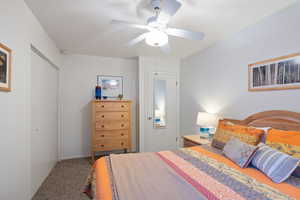 Bedroom with carpet, a closet, and ceiling fan