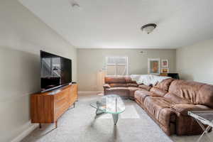 Living area featuring light colored carpet, visible vents, baseboards, and a textured ceiling