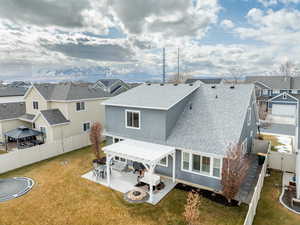 Back of house featuring a shingled roof, a residential view, a fenced backyard, and an outdoor fire pit