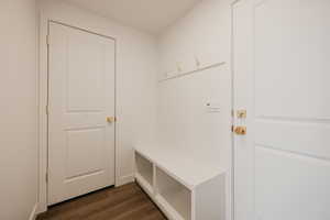 Mudroom with dark wood finished floors