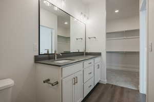 Bathroom with wood finished floors, a sink, toilet, and double vanity