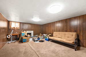 Living area with a fireplace, wooden walls, and carpet