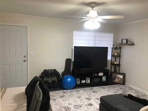 Living area featuring ornamental molding and ceiling fan