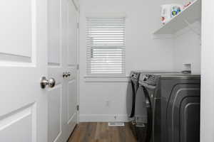 Laundry area featuring washing machine and clothes dryer and hardwood / wood-style floors