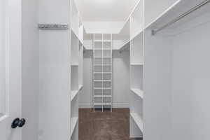 Primary Bedroom Walk in closet featuring dark colored carpet