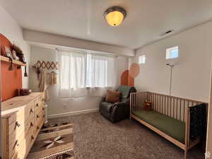 Bedroom with carpet floors, baseboards, visible vents, and a textured ceiling