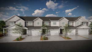 View of front of property with board and batten siding, a residential view, driveway, and an attached garage