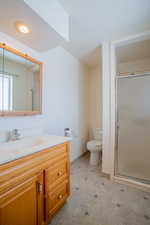 Bathroom featuring toilet, a shower stall, baseboards, and vanity