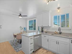 Kitchen featuring stainless steel dishwasher, plenty of natural light, a peninsula, and a sink
