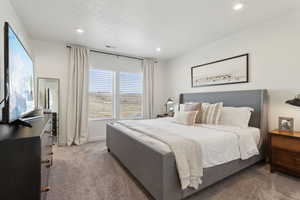 Carpeted bedroom with recessed lighting, visible vents, a textured ceiling, and baseboards