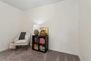 Sitting room featuring carpet flooring and baseboards