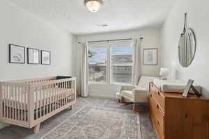 Bedroom with carpet floors, a nursery area, a textured ceiling, and baseboards