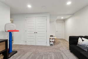 Game room with light carpet, visible vents, baseboards, and recessed lighting