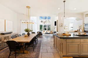 Kitchen with dark countertops, an island with sink, open floor plan, stone tile flooring, and a sink