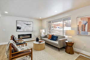 Living area with baseboards, visible vents, wood finished floors, and a glass covered fireplace