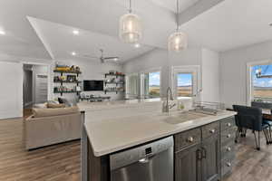 Kitchen featuring pendant lighting, a center island with sink, light countertops, a sink, and dishwasher