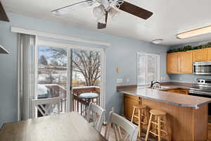 Kitchen with appliances with stainless steel finishes, a breakfast bar, a peninsula, light countertops, and a sink