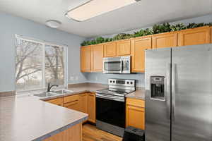 Kitchen with light countertops, appliances with stainless steel finishes, a sink, and light brown cabinetry