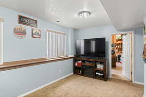 Living room featuring light carpet, baseboards, and visible vents