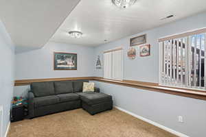 Living area featuring light carpet, baseboards, and visible vents