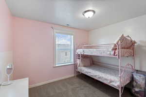 Carpeted bedroom featuring visible vents, baseboards, and a textured ceiling