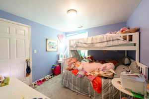 Bedroom with carpet floors, visible vents, and a textured ceiling