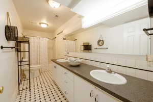 Bathroom featuring toilet, tasteful backsplash, a sink, and visible vents