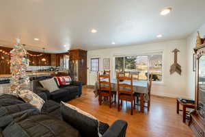 Living room featuring baseboards, light wood-type flooring, and recessed lighting