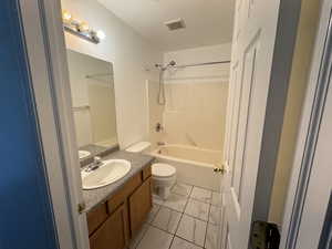 Full bathroom featuring shower / tub combination, vanity, and toilet